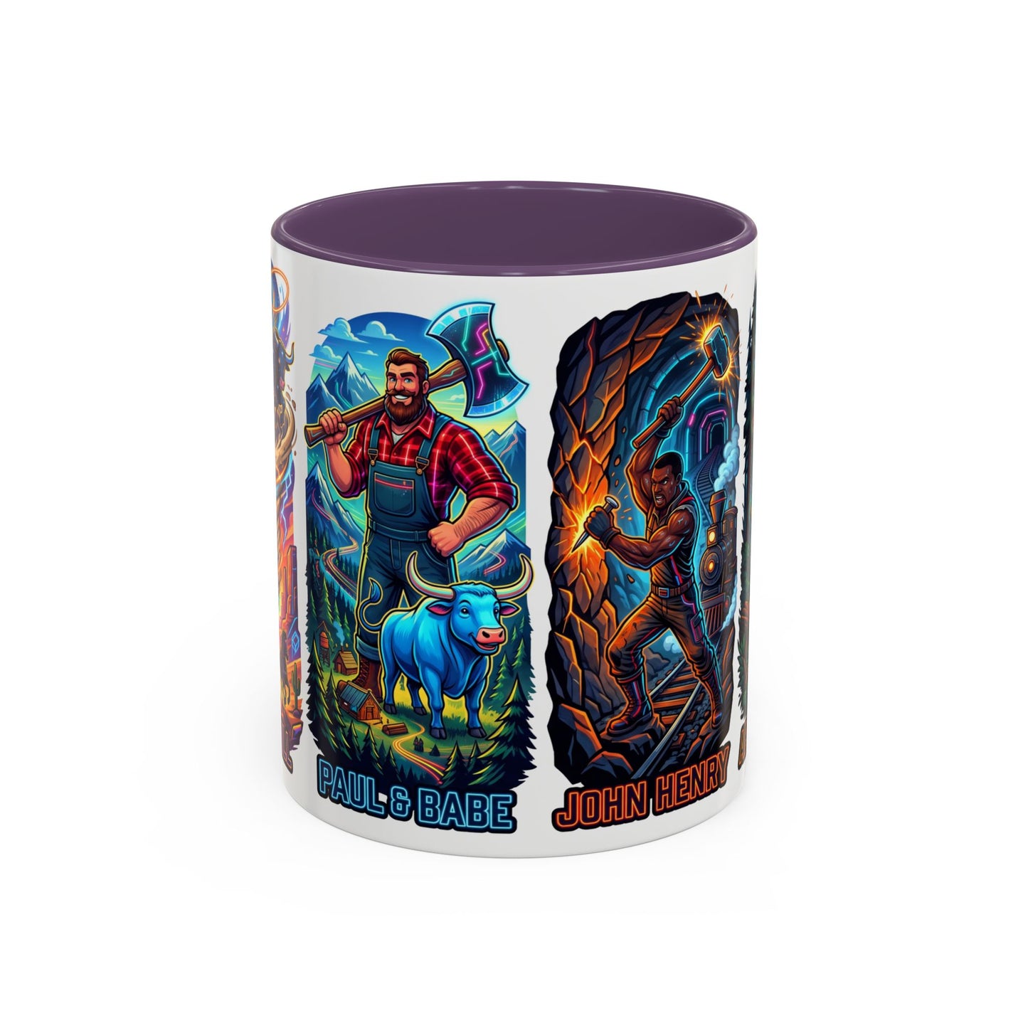 Lumberjack Legends Accent Coffee Mug — Illustrated Paul & Babe, John Henry, Abe Lincoln Designs (11/15oz)