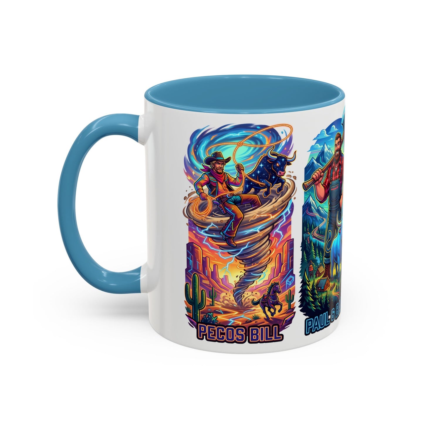 Lumberjack Legends Accent Coffee Mug — Illustrated Paul & Babe, John Henry, Abe Lincoln Designs (11/15oz)