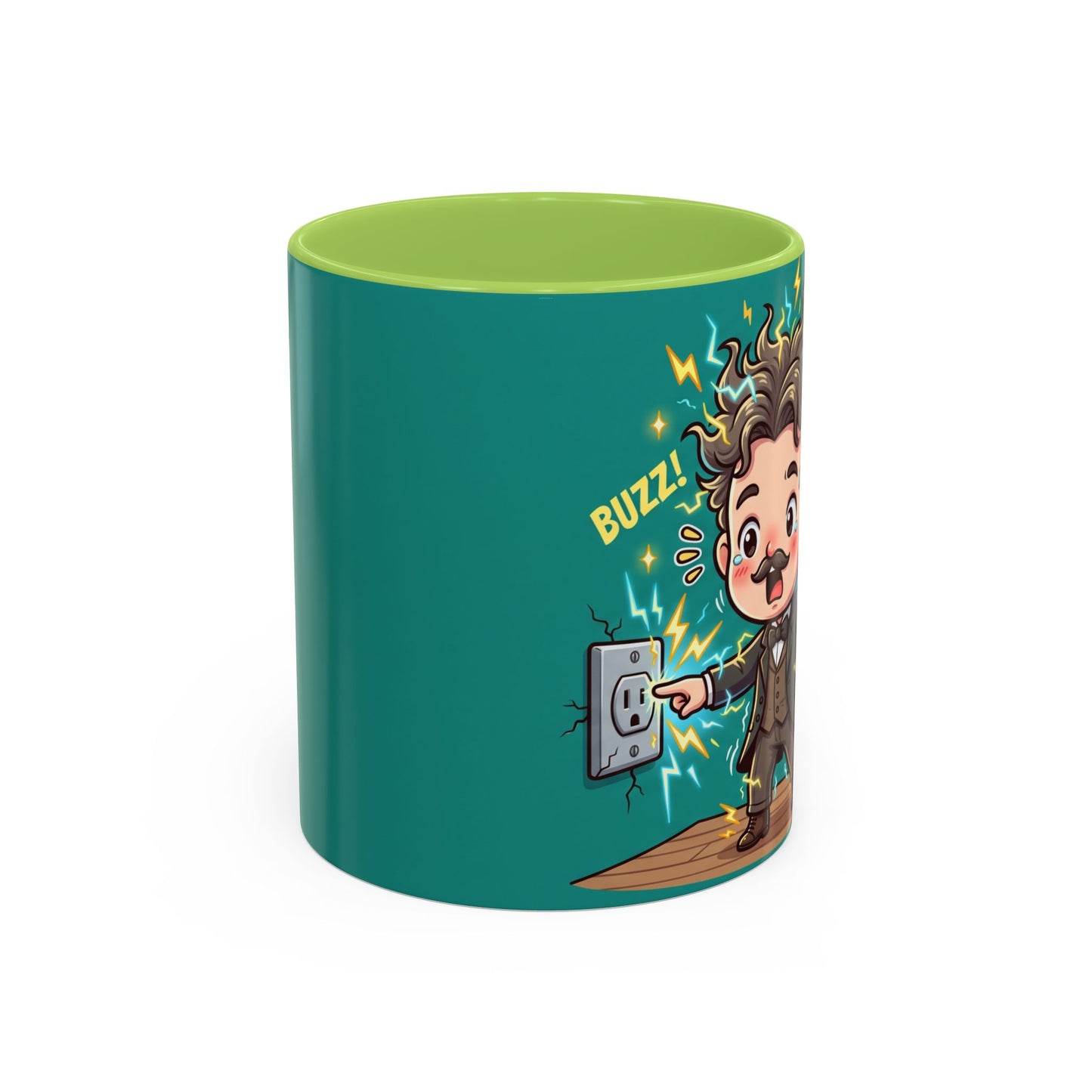 Nikola Tesla Cartoon 'Zap! Shock! Buzz!' Accent Coffee Mug (11/15oz)