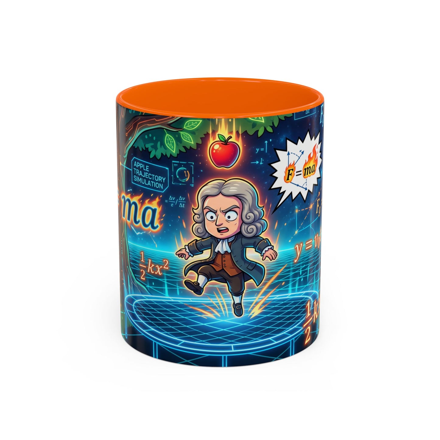 Isaac Newton Cartoon Coffee Mug — Physics Equations & Apple Science Design