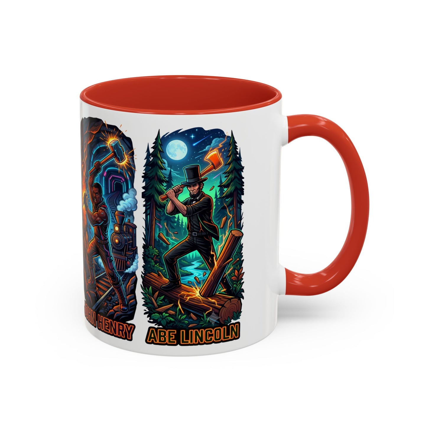 Lumberjack Legends Accent Coffee Mug — Illustrated Paul & Babe, John Henry, Abe Lincoln Designs (11/15oz)