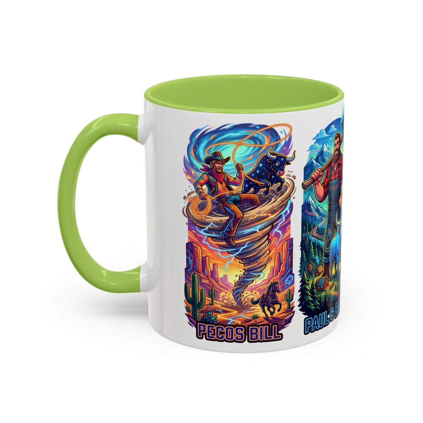 Lumberjack Legends Accent Coffee Mug — Illustrated Paul & Babe, John Henry, Abe Lincoln Designs (11/15oz)