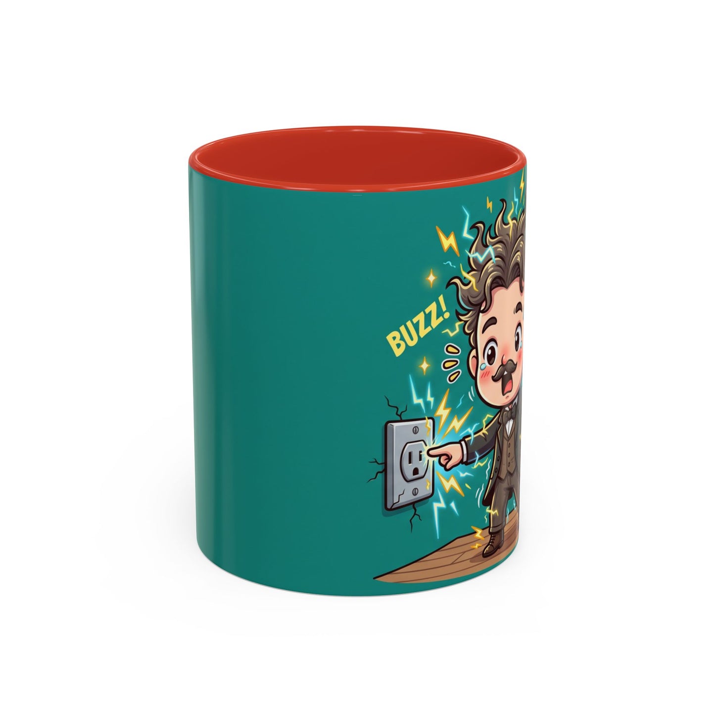 Nikola Tesla Cartoon 'Zap! Shock! Buzz!' Accent Coffee Mug (11/15oz)