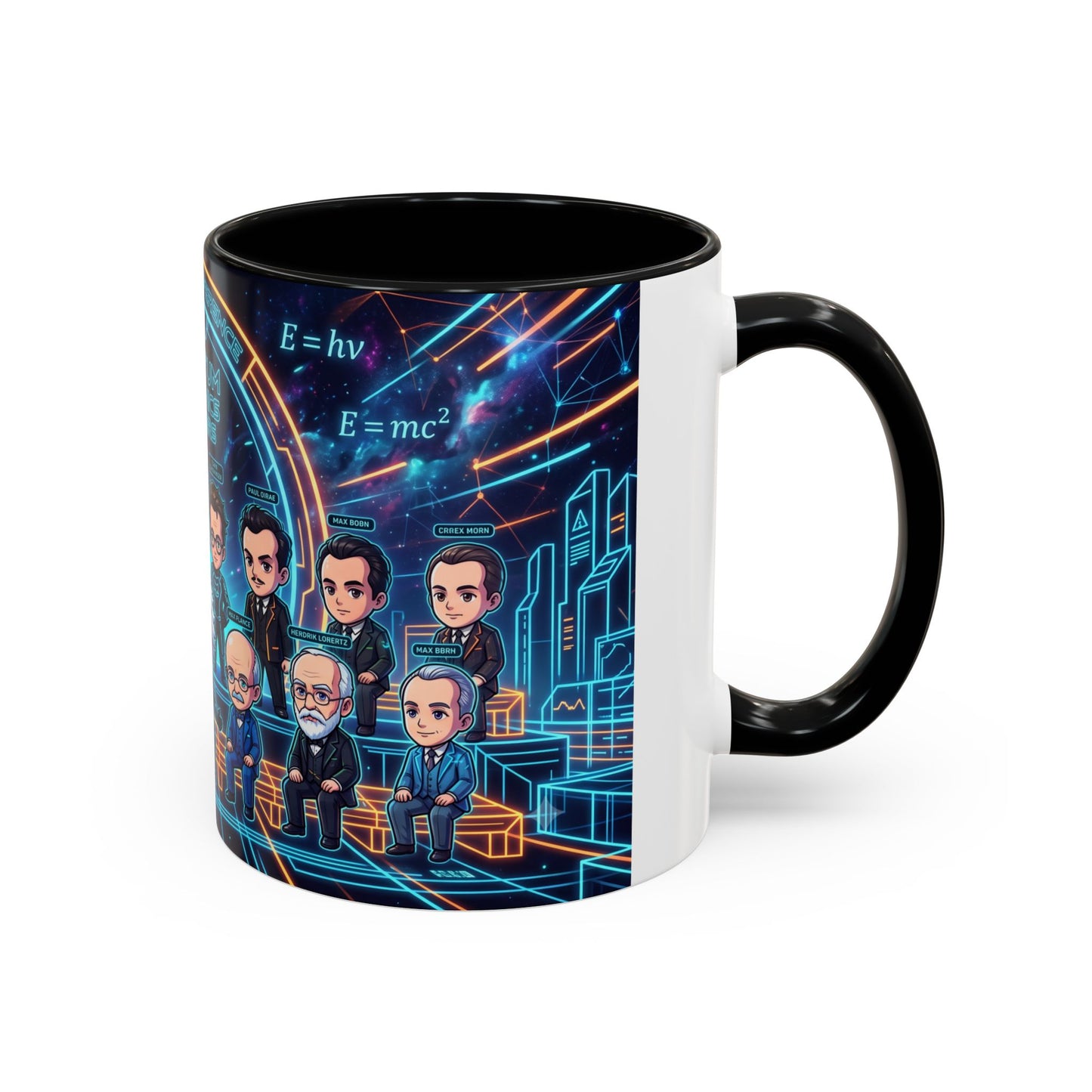 Quantum Mechanics Team Accent Coffee Mug — Cute Scientist Cartoon Design (11/15oz)