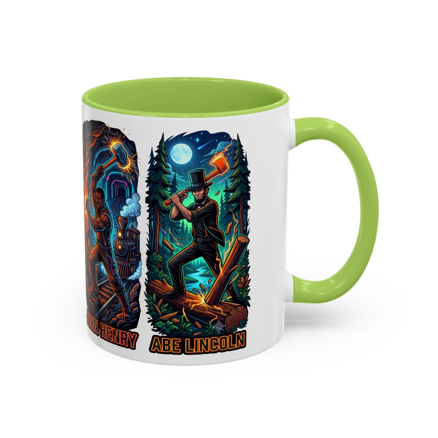 Lumberjack Legends Accent Coffee Mug — Illustrated Paul & Babe, John Henry, Abe Lincoln Designs (11/15oz)