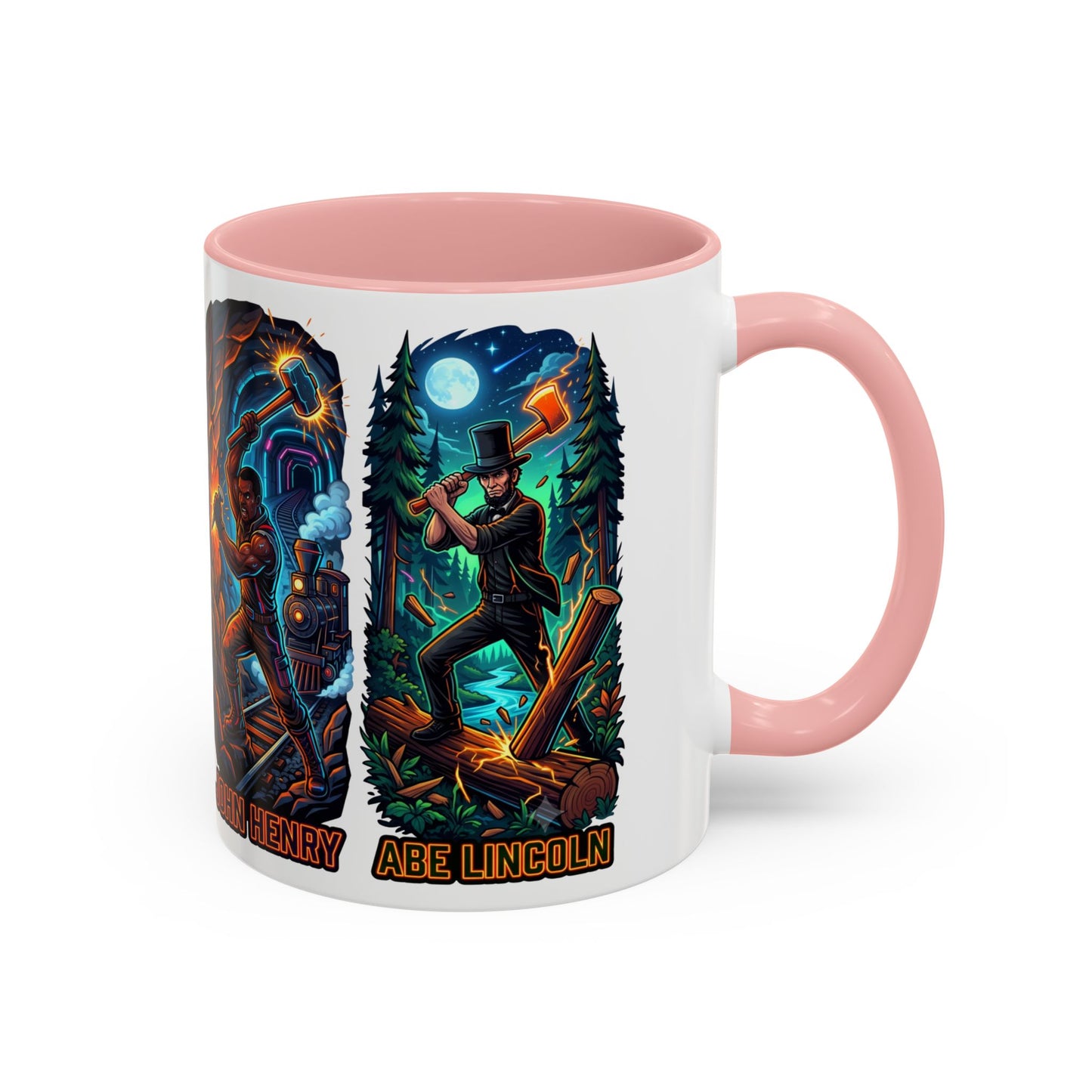 Lumberjack Legends Accent Coffee Mug — Illustrated Paul & Babe, John Henry, Abe Lincoln Designs (11/15oz)