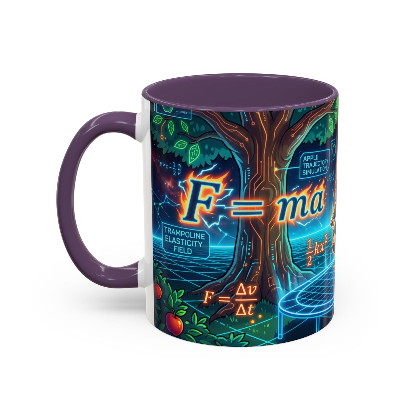 Isaac Newton Cartoon Coffee Mug — Physics Equations & Apple Science Design