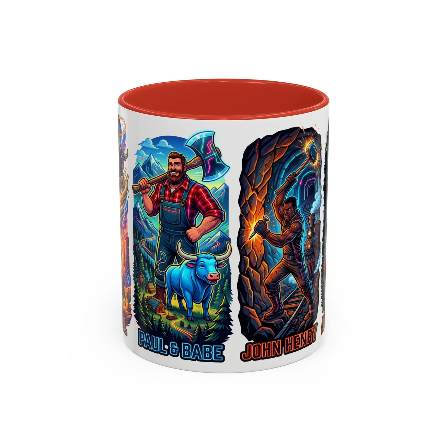 Lumberjack Legends Accent Coffee Mug — Illustrated Paul & Babe, John Henry, Abe Lincoln Designs (11/15oz)