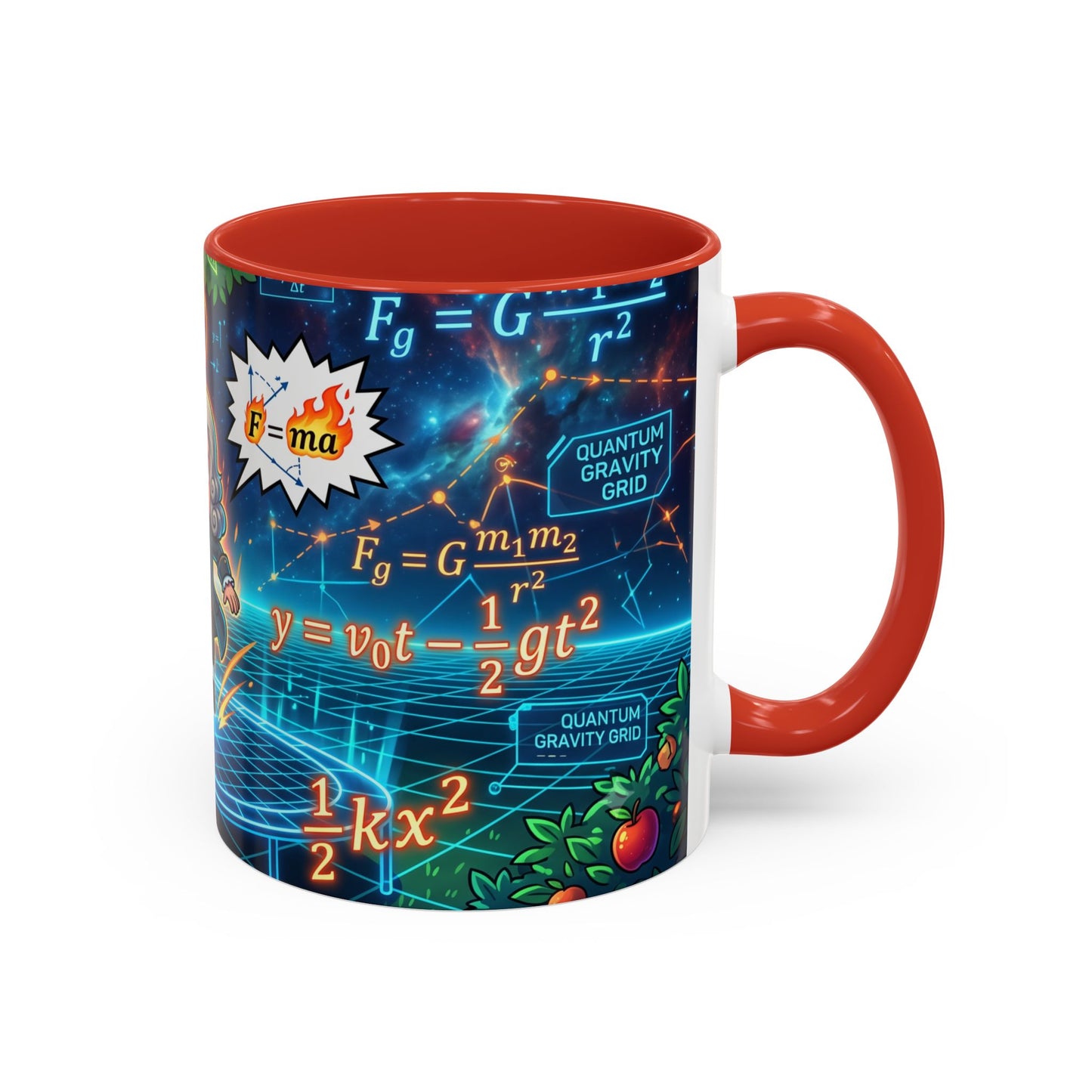 Isaac Newton Cartoon Coffee Mug — Physics Equations & Apple Science Design