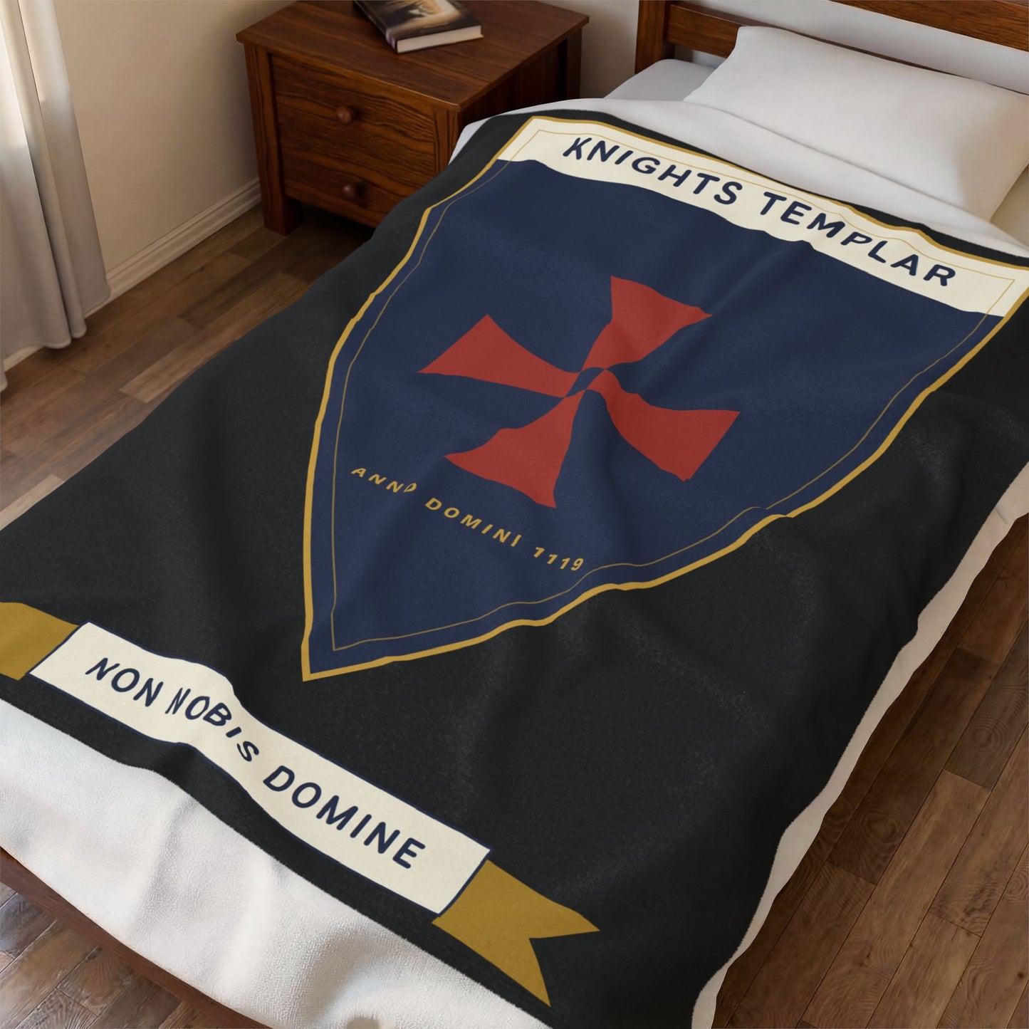 Knights Templar Shield Velveteen Plush Blanket – 'Non Nobis Domine' Heraldic Throw