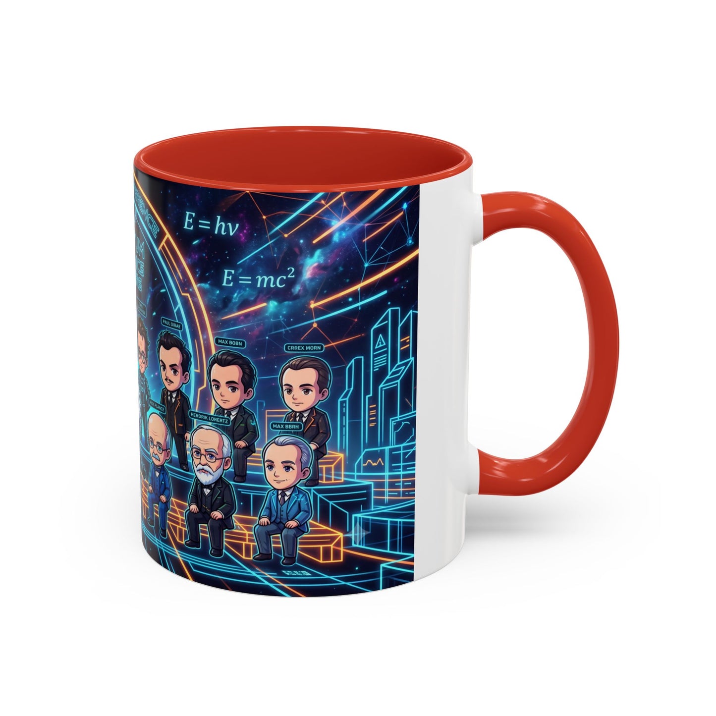 Quantum Mechanics Team Accent Coffee Mug — Cute Scientist Cartoon Design (11/15oz)