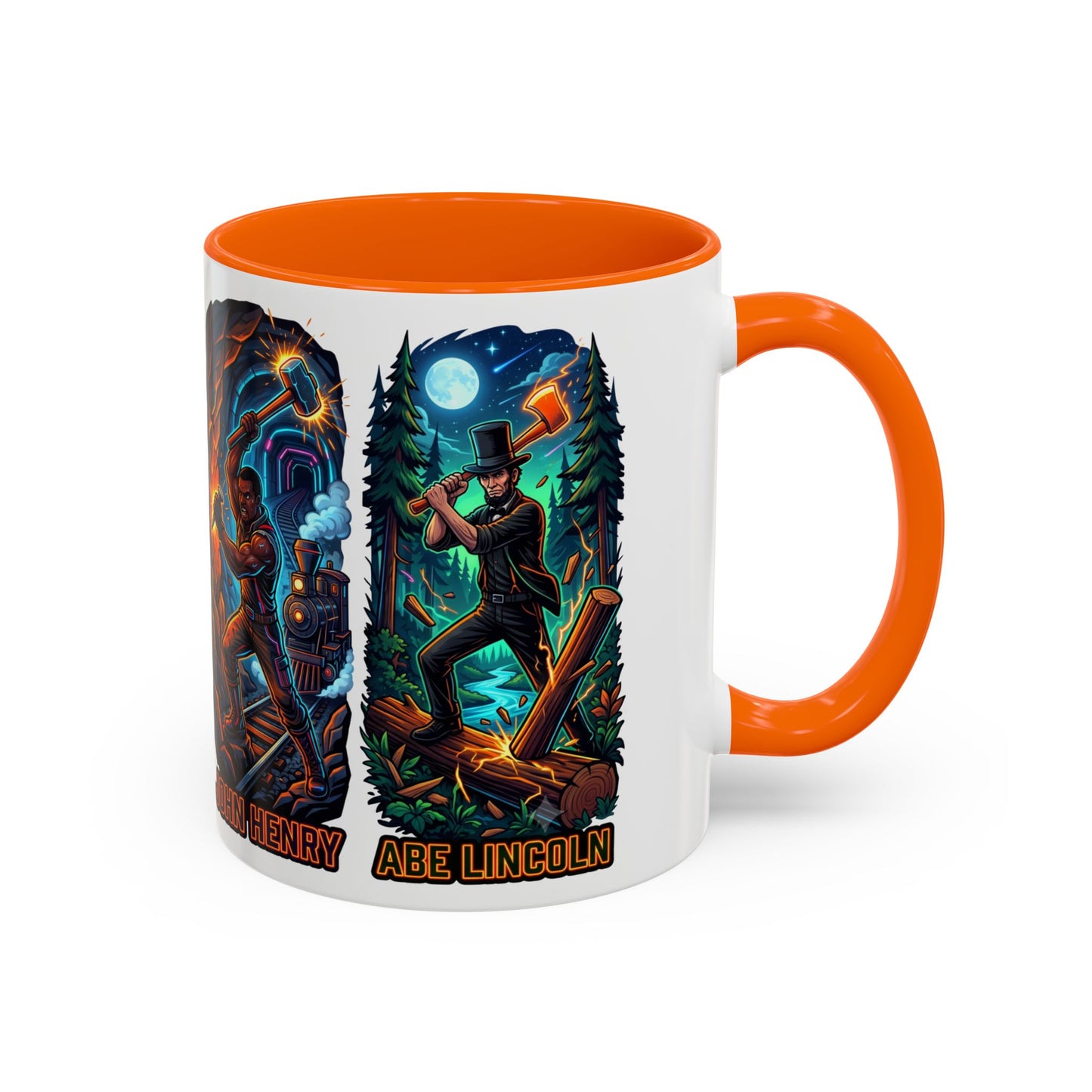 Lumberjack Legends Accent Coffee Mug — Illustrated Paul & Babe, John Henry, Abe Lincoln Designs (11/15oz)