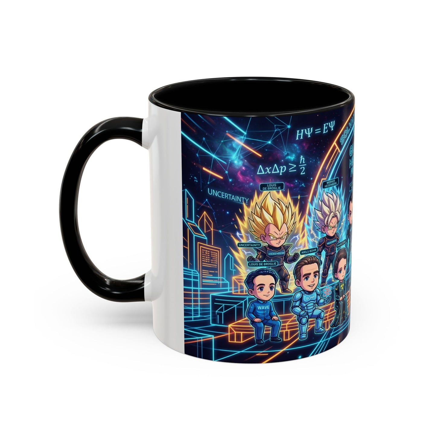 Quantum Mechanics Team Accent Coffee Mug — Cute Scientist Cartoon Design (11/15oz)