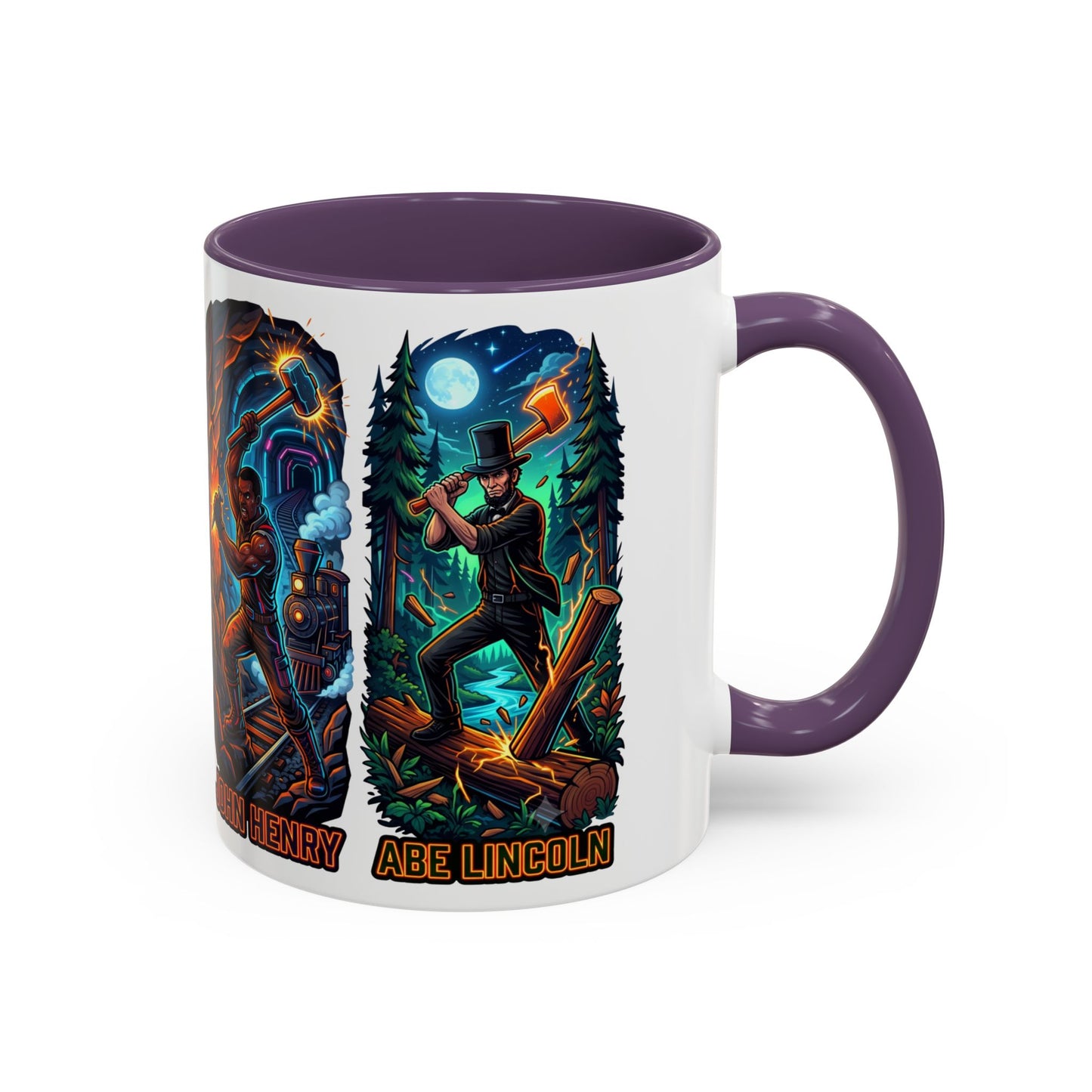 Lumberjack Legends Accent Coffee Mug — Illustrated Paul & Babe, John Henry, Abe Lincoln Designs (11/15oz)