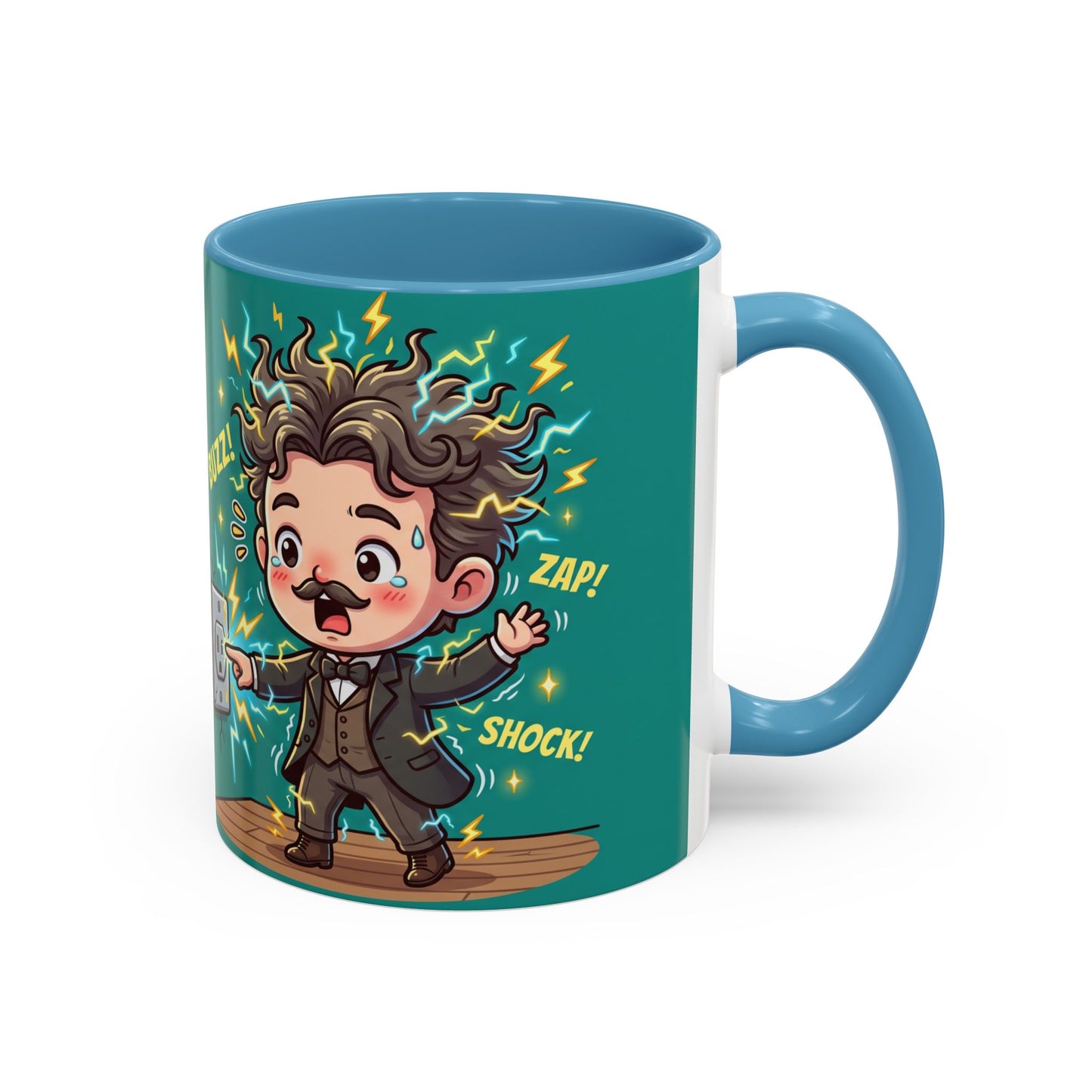 Nikola Tesla Cartoon 'Zap! Shock! Buzz!' Accent Coffee Mug (11/15oz)
