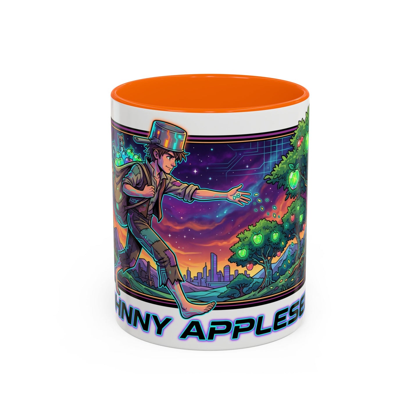 Johnny Appleseed Accent Coffee Mug — Colorful Retro Nature Art (11/15oz)