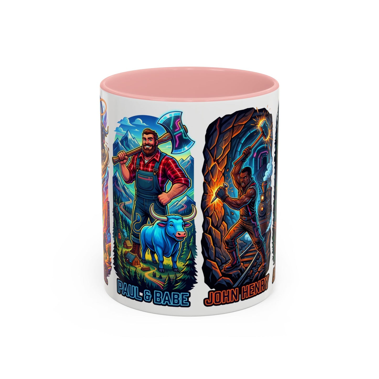 Lumberjack Legends Accent Coffee Mug — Illustrated Paul & Babe, John Henry, Abe Lincoln Designs (11/15oz)