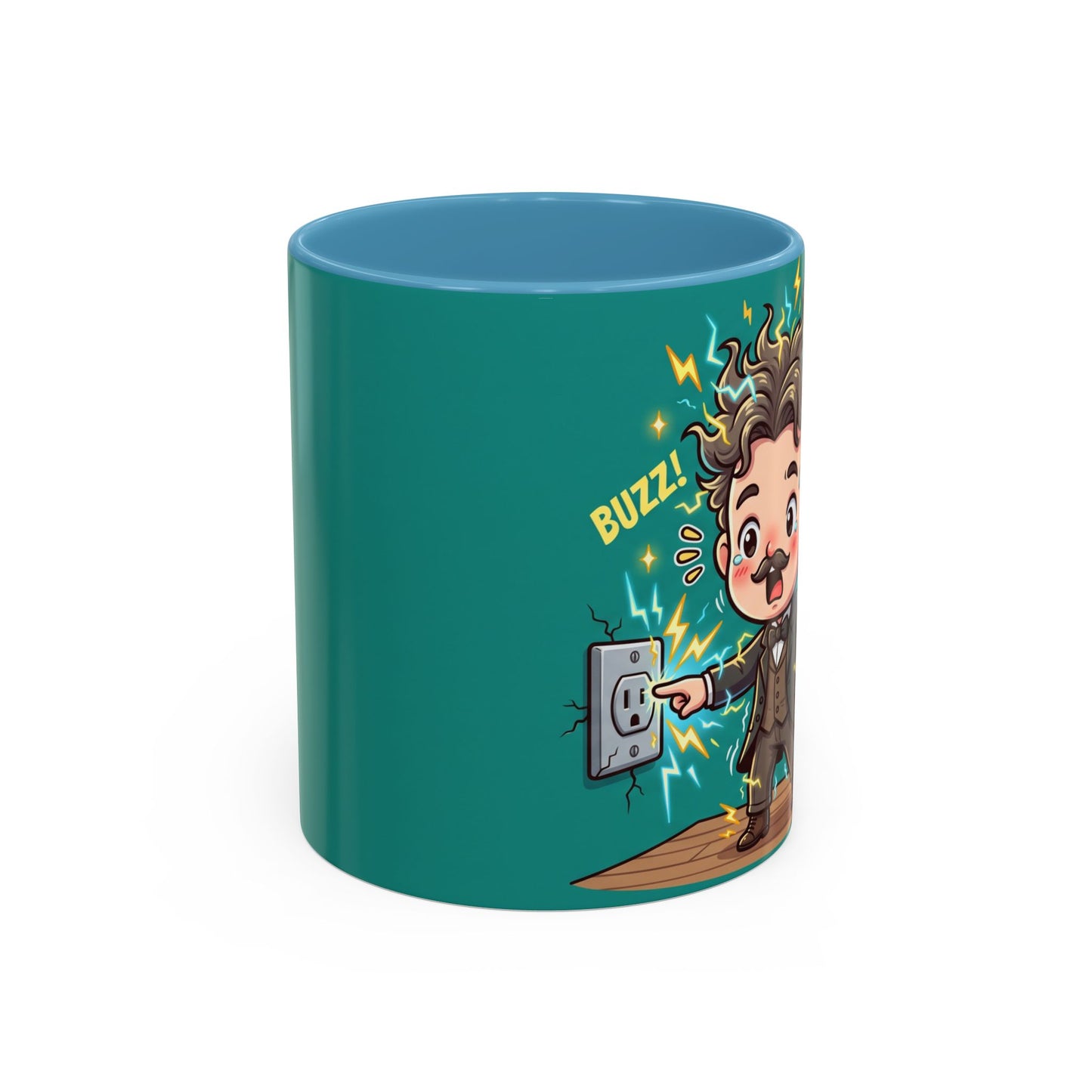 Nikola Tesla Cartoon 'Zap! Shock! Buzz!' Accent Coffee Mug (11/15oz)