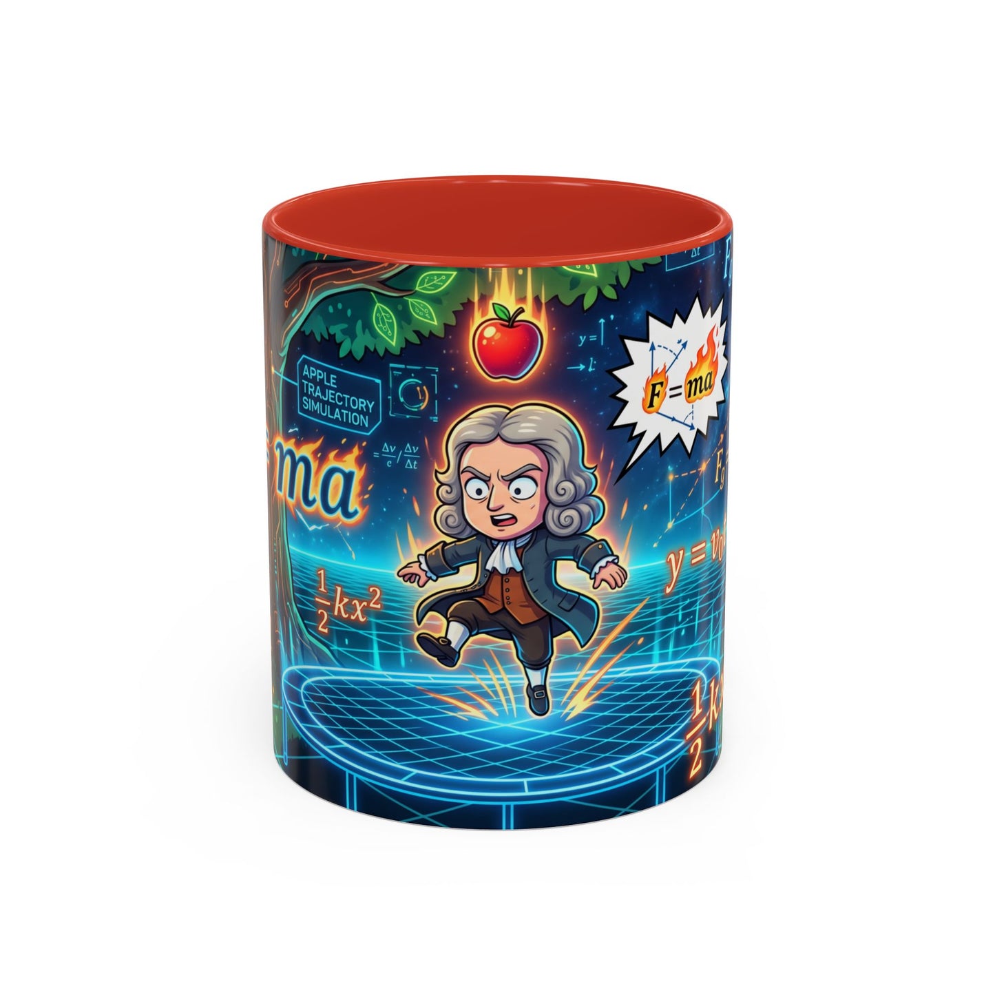 Isaac Newton Cartoon Coffee Mug — Physics Equations & Apple Science Design