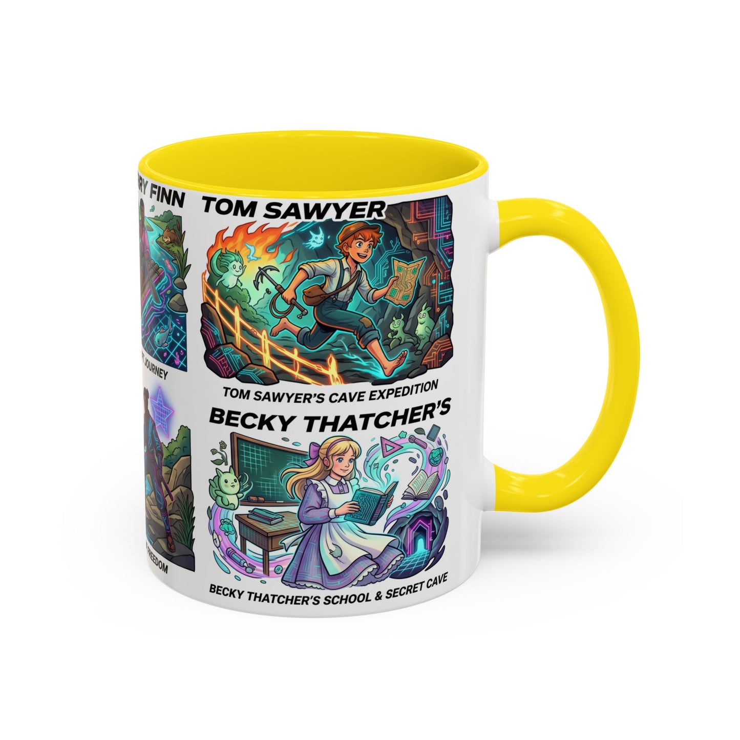 Classic Literature Collage Coffee Mug — Huckleberry Finn, Tom Sawyer & Becky Thatcher Art