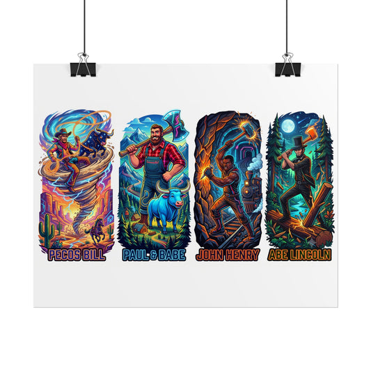 Legendary Outlaws Rolled Poster — Pecos Bill, Paul Bunyan, John Henry & Abe Lincoln Art Print