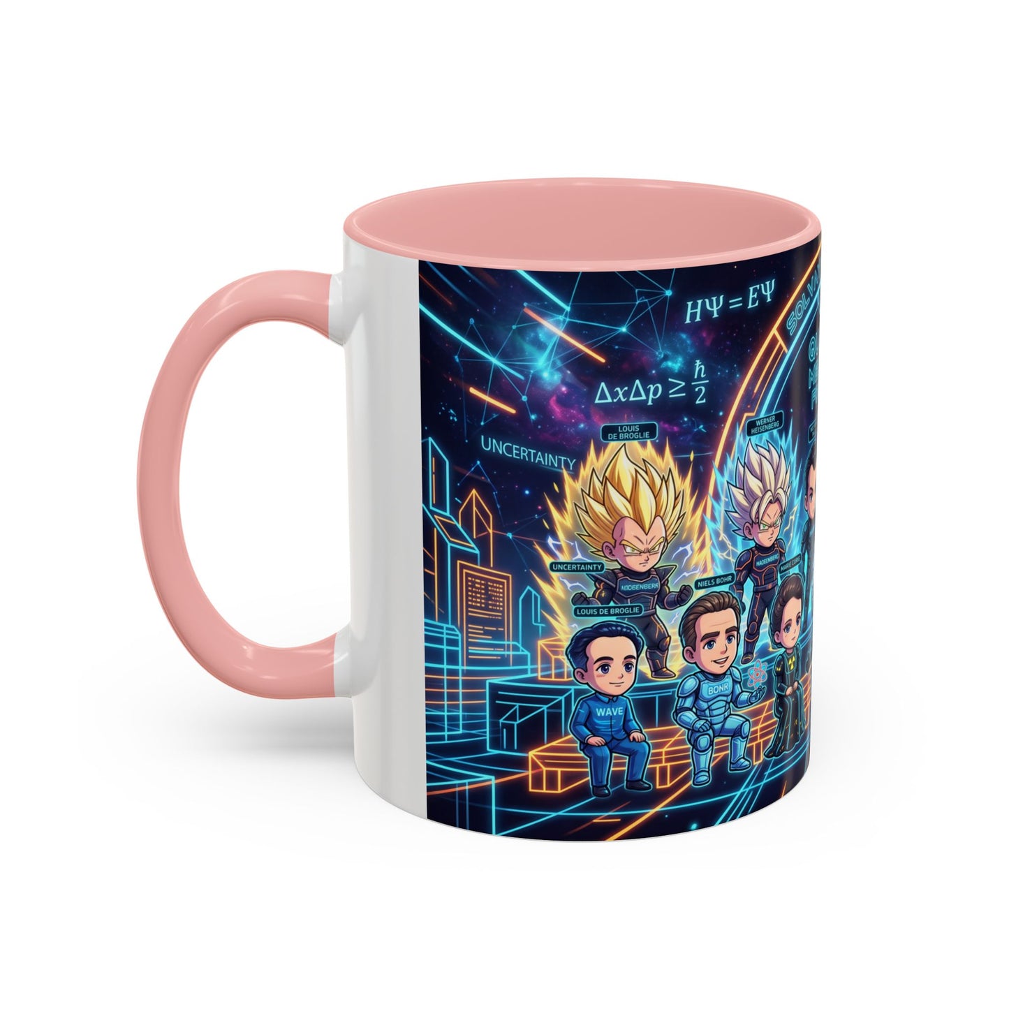 Quantum Mechanics Team Accent Coffee Mug — Cute Scientist Cartoon Design (11/15oz)