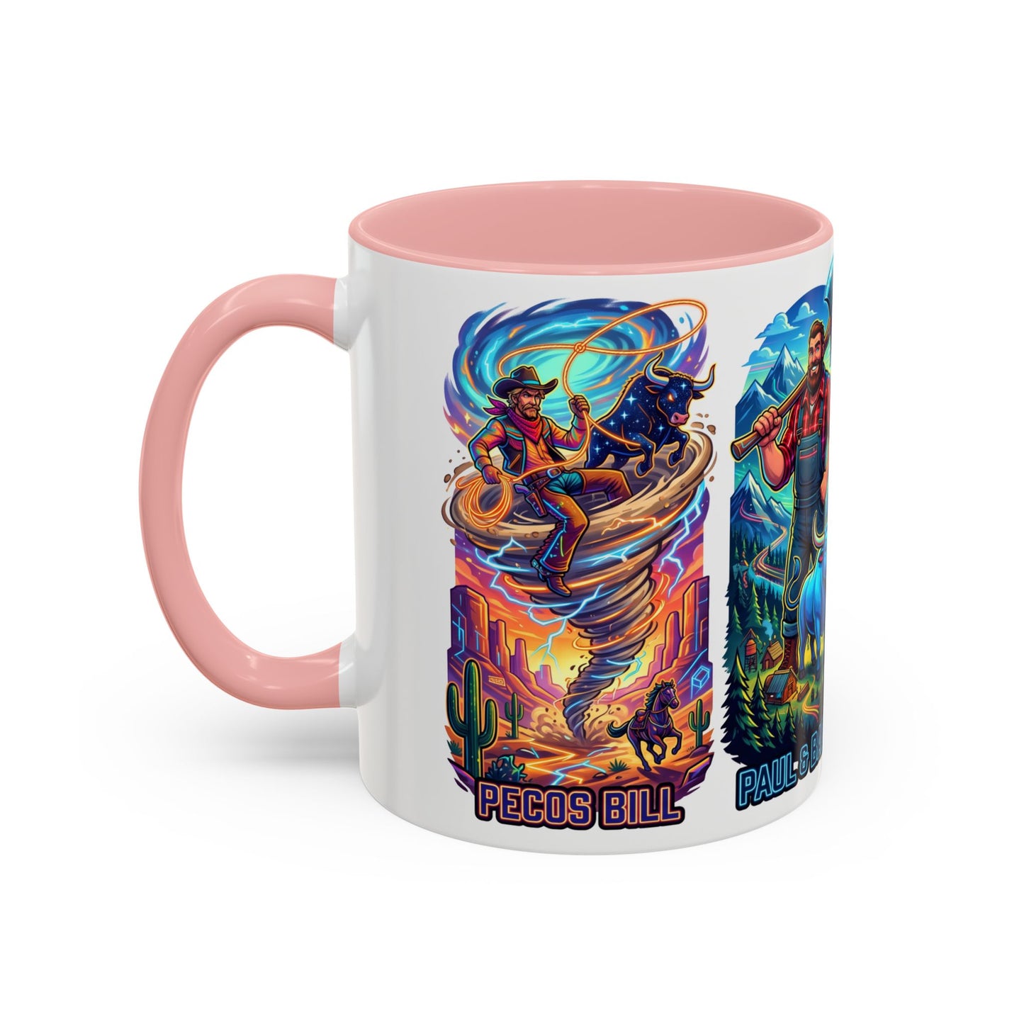 Lumberjack Legends Accent Coffee Mug — Illustrated Paul & Babe, John Henry, Abe Lincoln Designs (11/15oz)