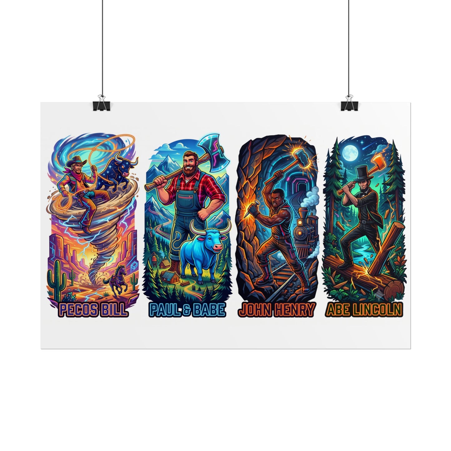 Legendary Outlaws Rolled Poster — Pecos Bill, Paul Bunyan, John Henry & Abe Lincoln Art Print