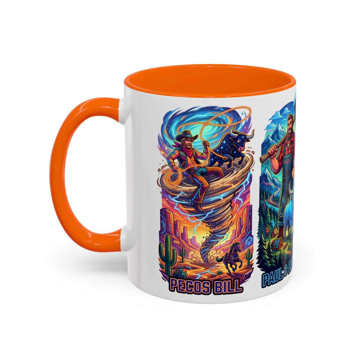 Lumberjack Legends Accent Coffee Mug — Illustrated Paul & Babe, John Henry, Abe Lincoln Designs (11/15oz)