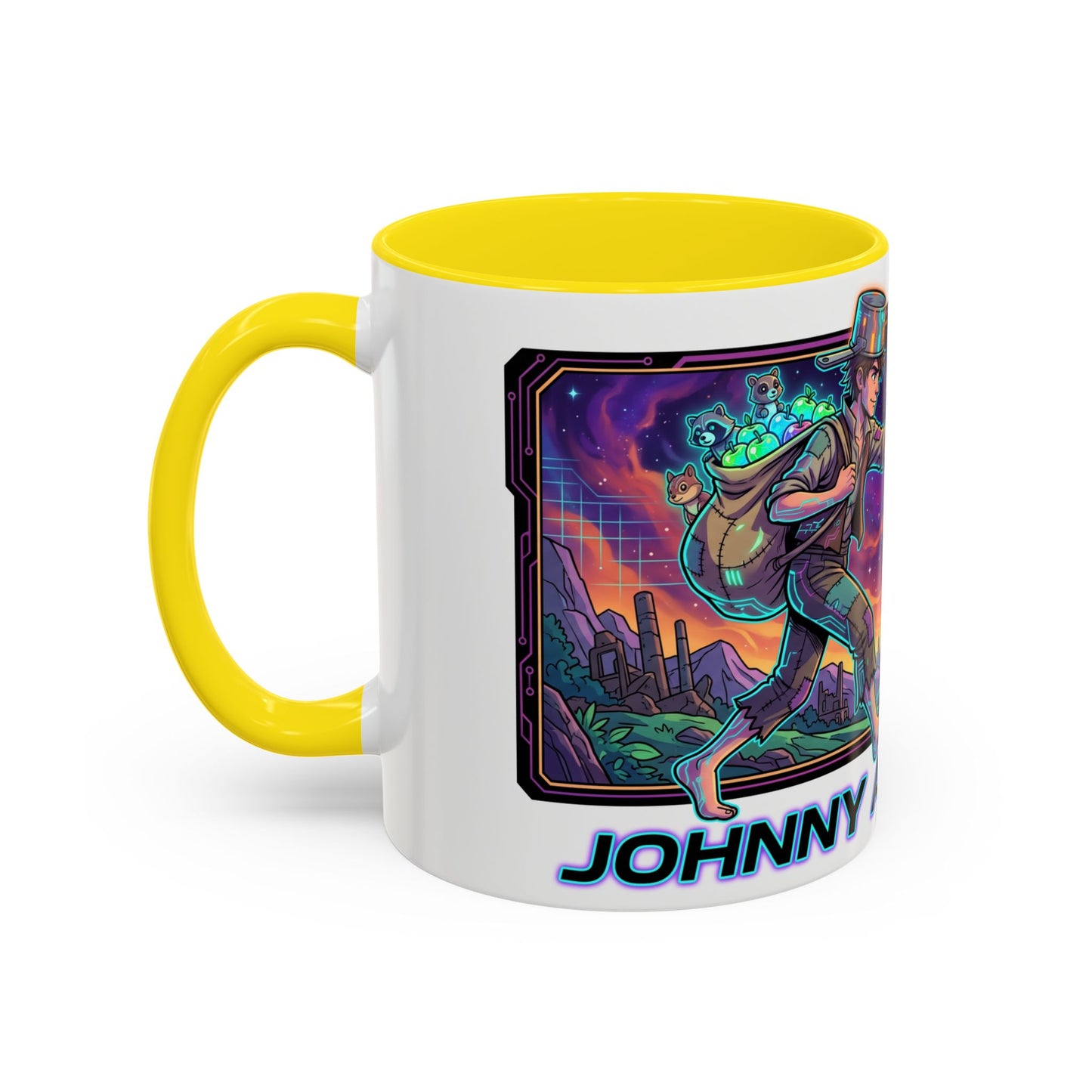 Johnny Appleseed Accent Coffee Mug — Colorful Retro Nature Art (11/15oz)