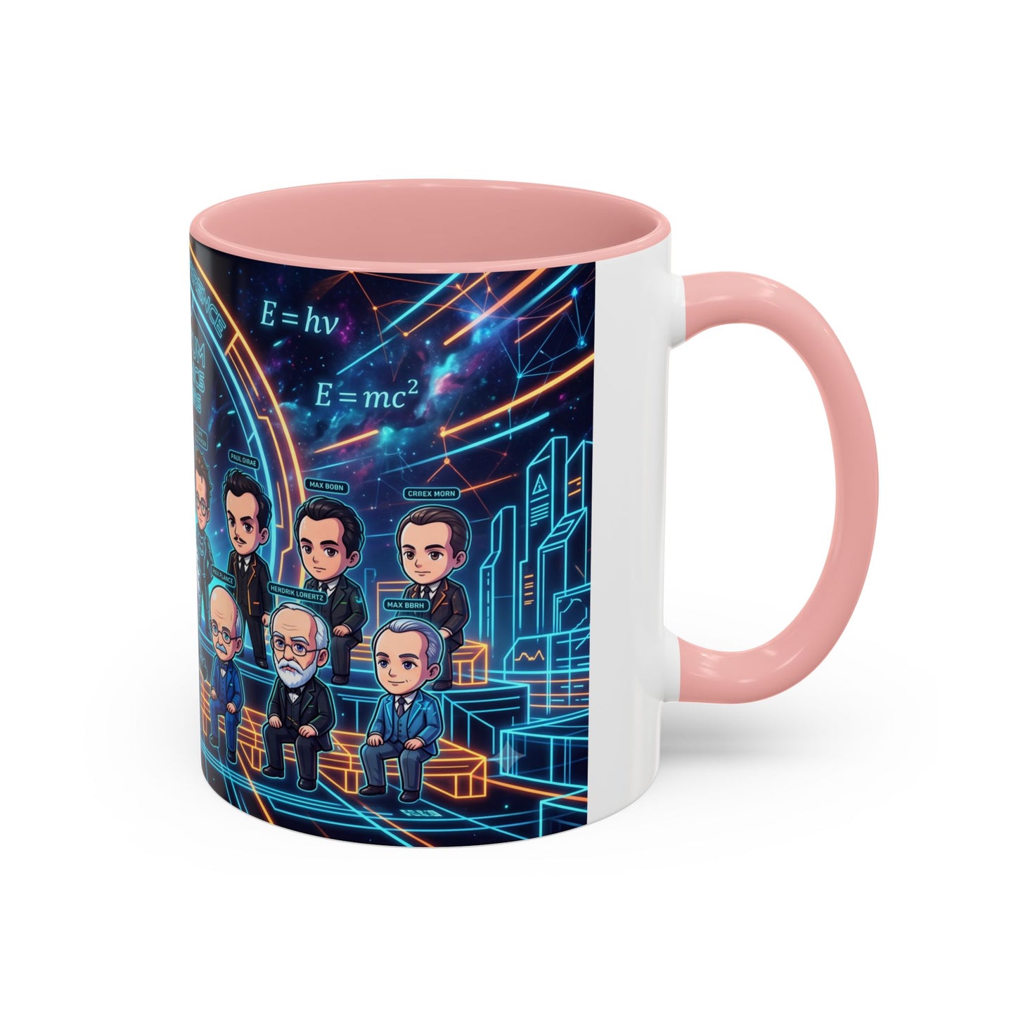 Quantum Mechanics Team Accent Coffee Mug — Cute Scientist Cartoon Design (11/15oz)