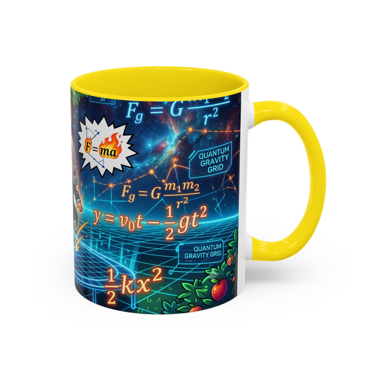 Isaac Newton Cartoon Coffee Mug — Physics Equations & Apple Science Design