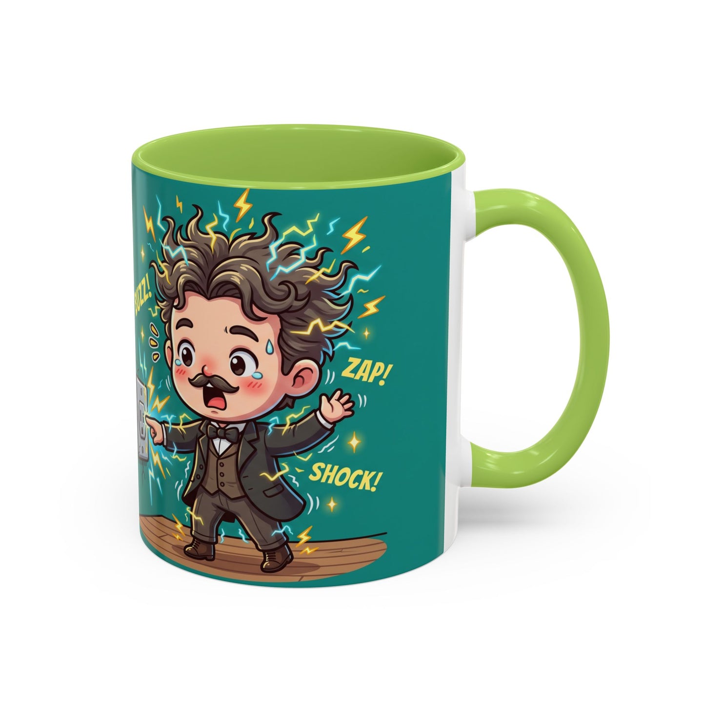 Nikola Tesla Cartoon 'Zap! Shock! Buzz!' Accent Coffee Mug (11/15oz)