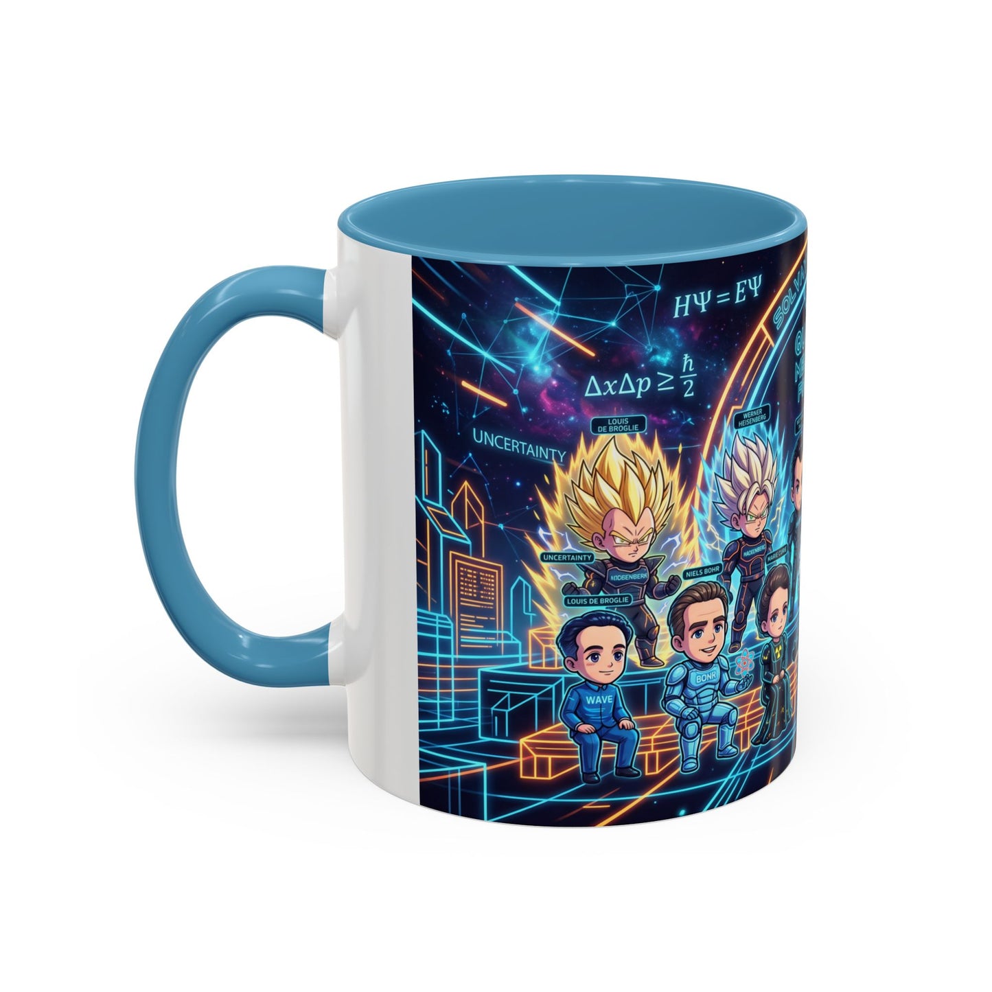 Quantum Mechanics Team Accent Coffee Mug — Cute Scientist Cartoon Design (11/15oz)