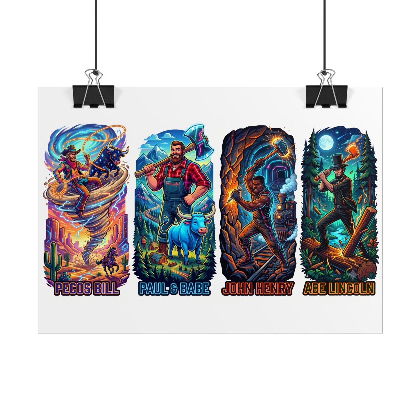 Legendary Outlaws Rolled Poster — Pecos Bill, Paul Bunyan, John Henry & Abe Lincoln Art Print