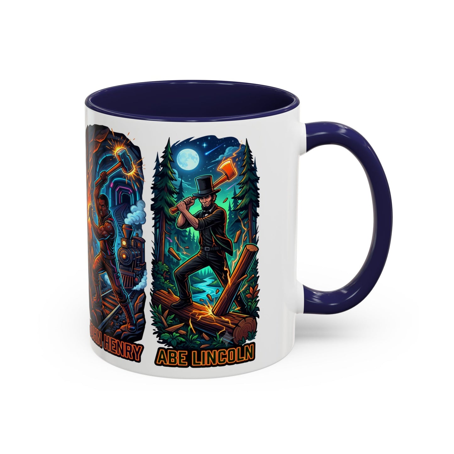 Lumberjack Legends Accent Coffee Mug — Illustrated Paul & Babe, John Henry, Abe Lincoln Designs (11/15oz)