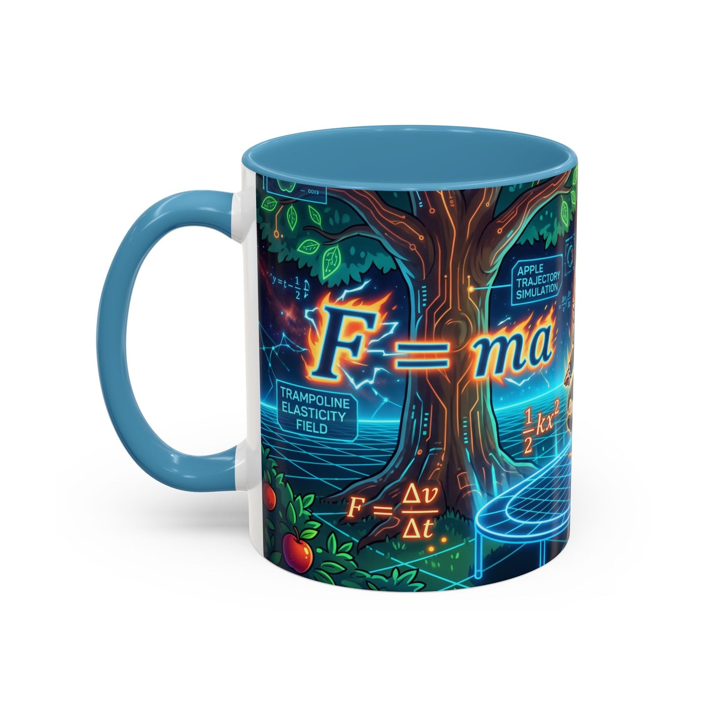 Isaac Newton Cartoon Coffee Mug — Physics Equations & Apple Science Design