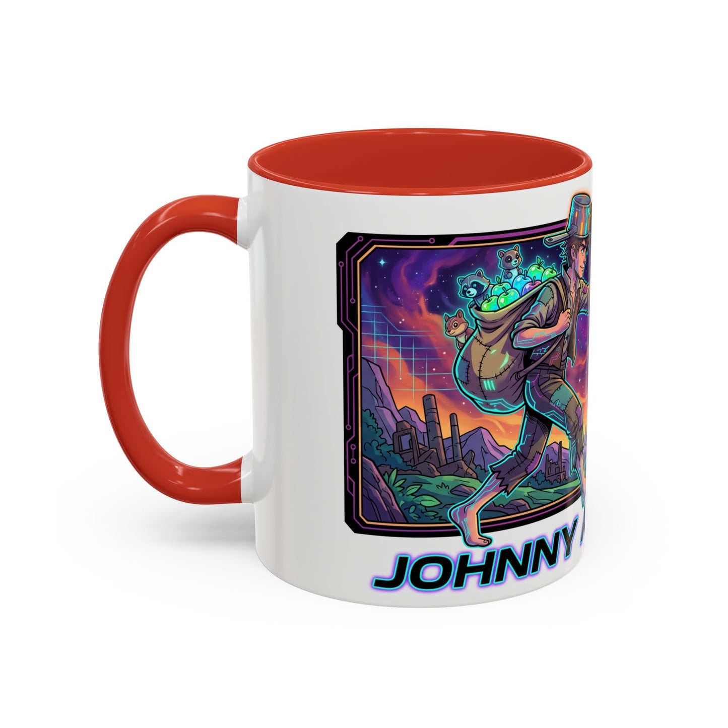 Johnny Appleseed Accent Coffee Mug — Colorful Retro Nature Art (11/15oz)