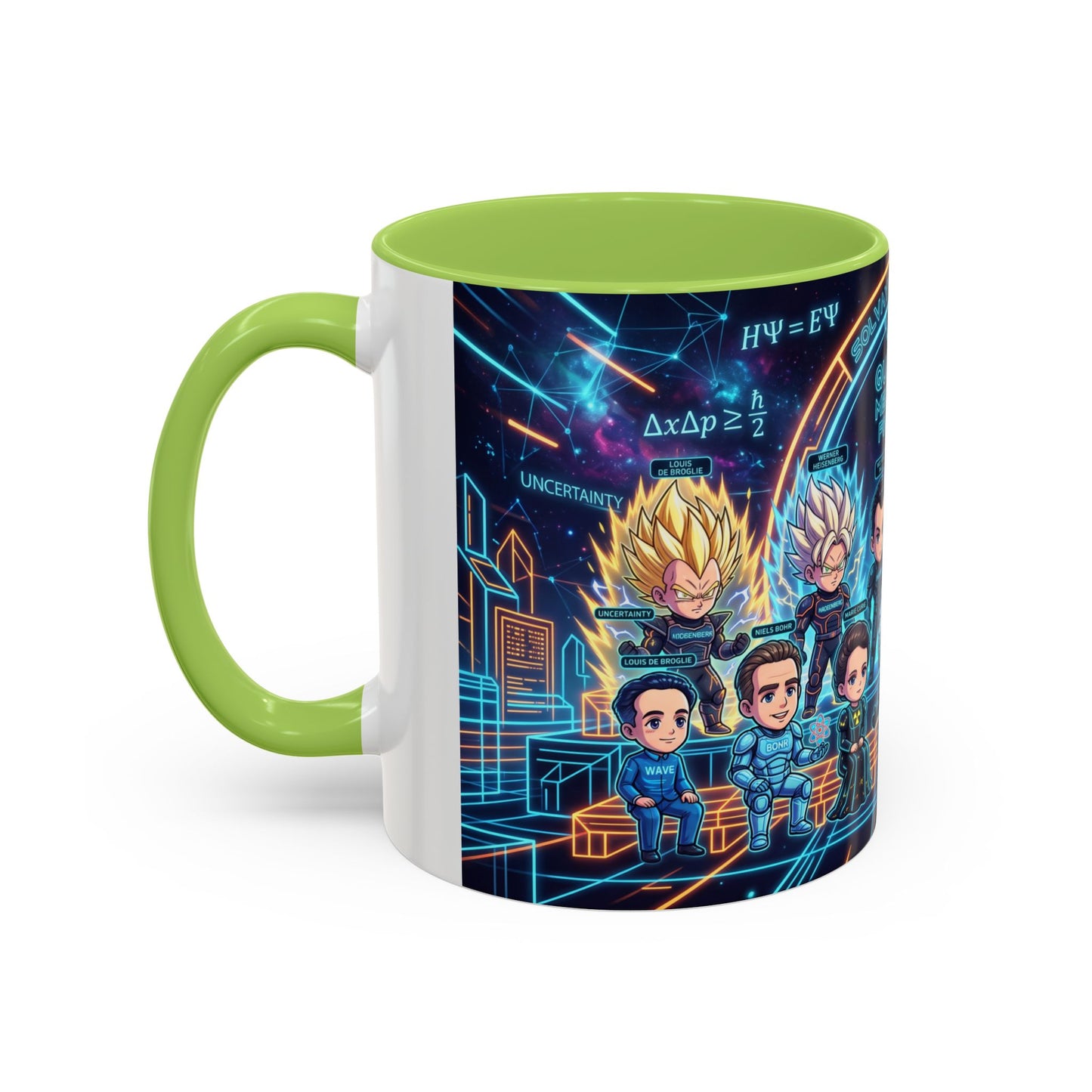Quantum Mechanics Team Accent Coffee Mug — Cute Scientist Cartoon Design (11/15oz)