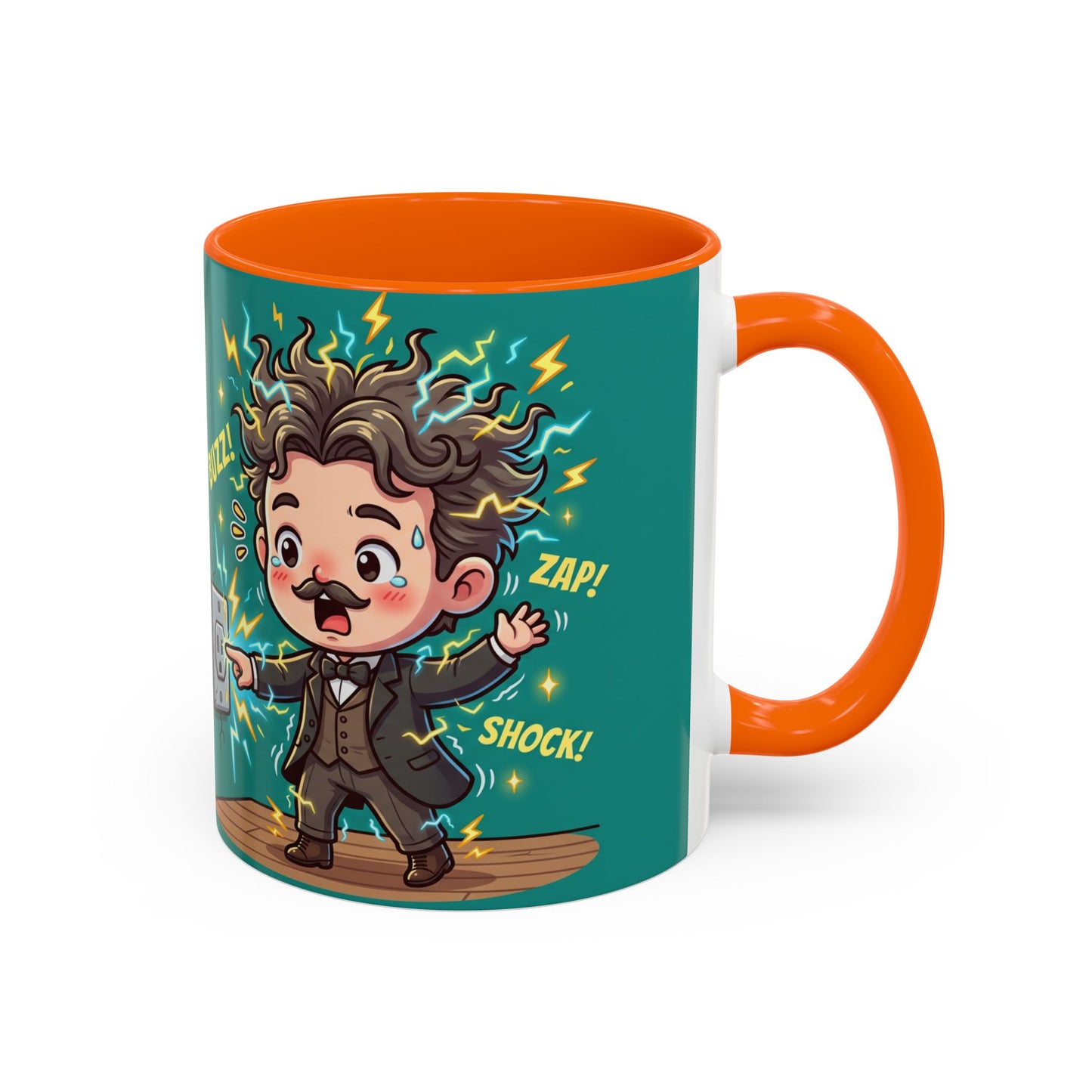 Nikola Tesla Cartoon 'Zap! Shock! Buzz!' Accent Coffee Mug (11/15oz)