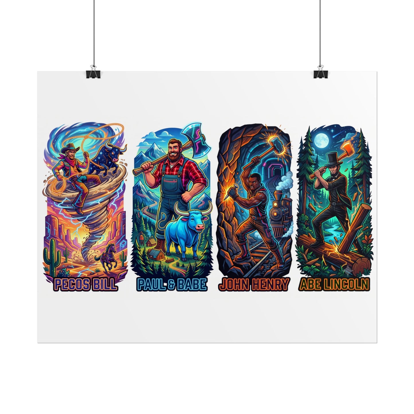 Legendary Outlaws Rolled Poster — Pecos Bill, Paul Bunyan, John Henry & Abe Lincoln Art Print