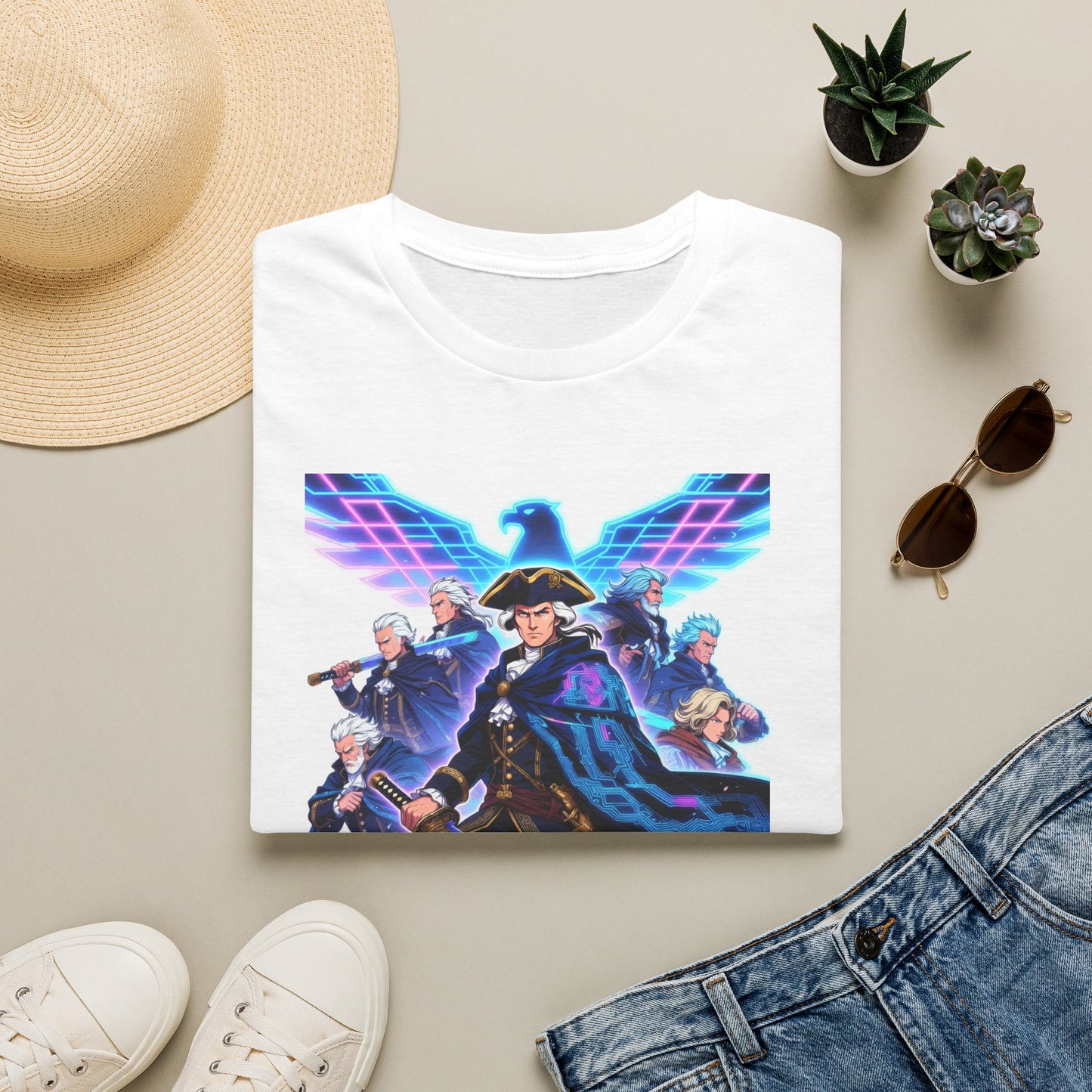 George Washington Retro Cyberpunk Tee — Neon Eagle Anime Captain Shirt