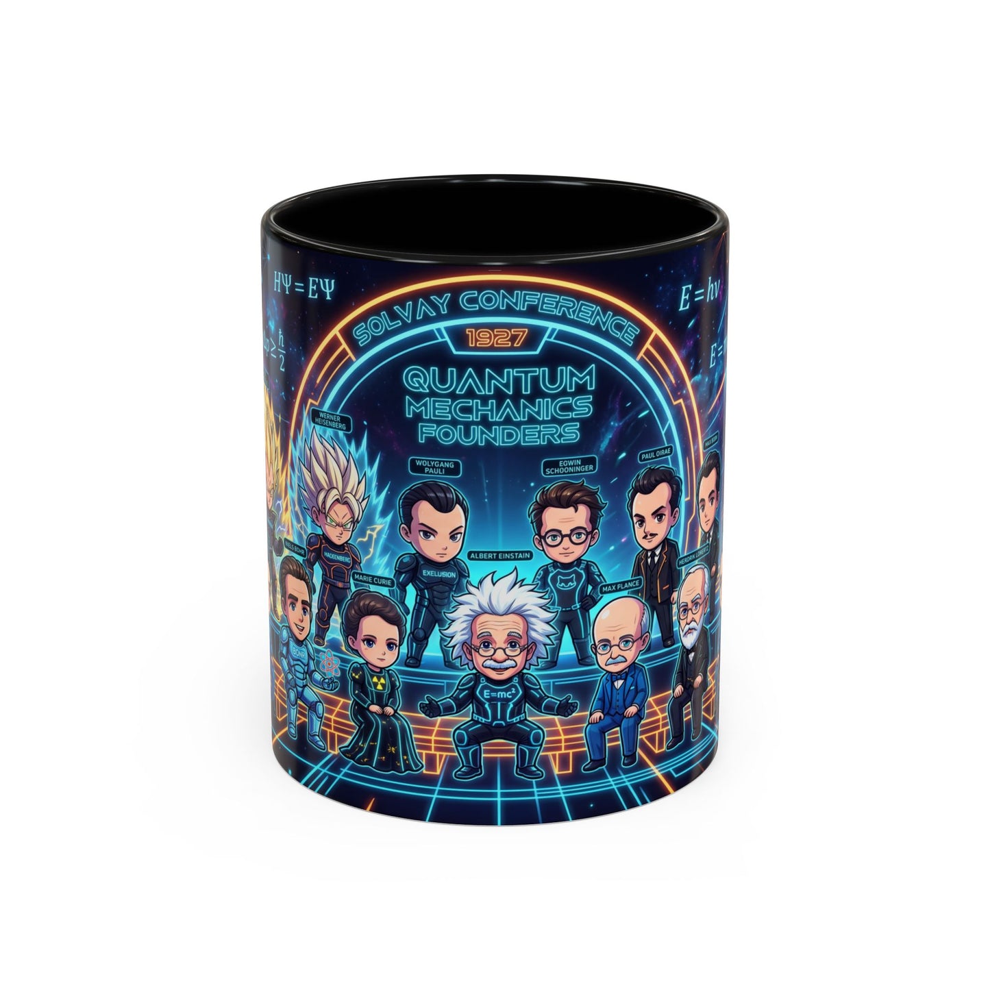 Quantum Mechanics Team Accent Coffee Mug — Cute Scientist Cartoon Design (11/15oz)