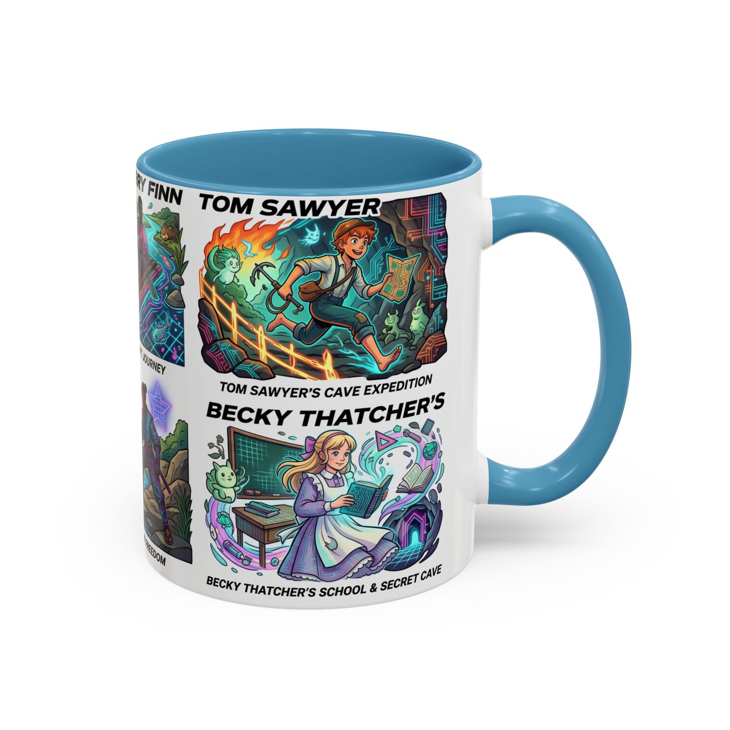 Classic Literature Collage Coffee Mug — Huckleberry Finn, Tom Sawyer & Becky Thatcher Art