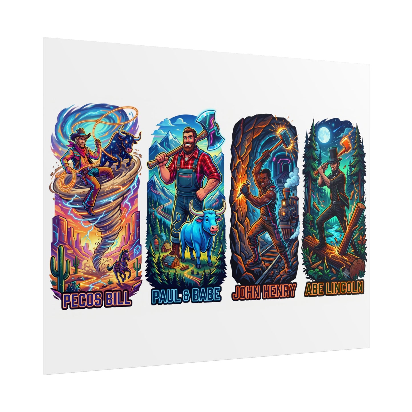 Legendary Outlaws Rolled Poster — Pecos Bill, Paul Bunyan, John Henry & Abe Lincoln Art Print