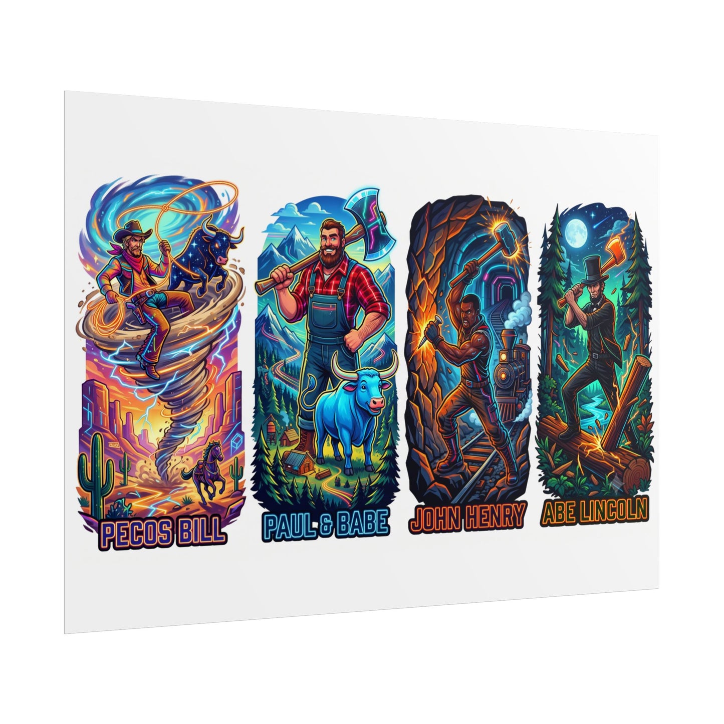 Legendary Outlaws Rolled Poster — Pecos Bill, Paul Bunyan, John Henry & Abe Lincoln Art Print