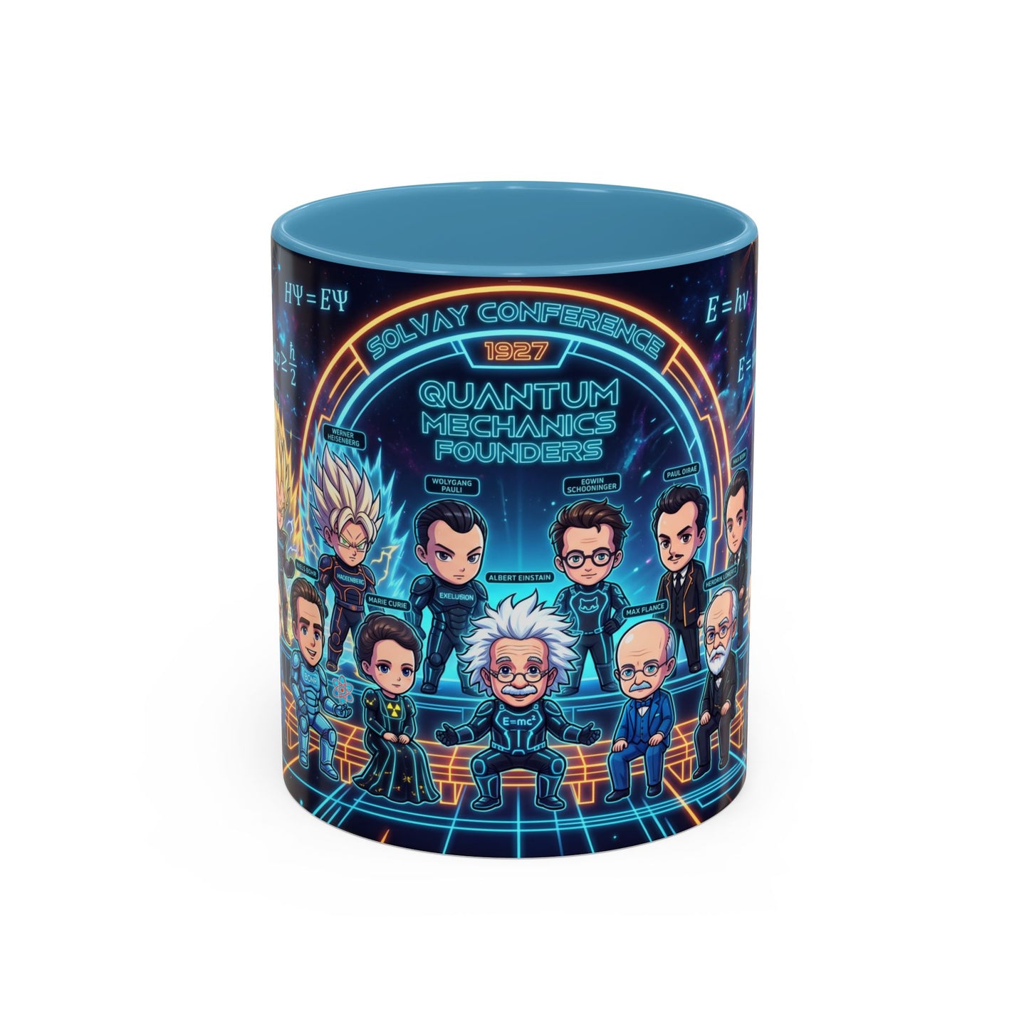 Quantum Mechanics Team Accent Coffee Mug — Cute Scientist Cartoon Design (11/15oz)