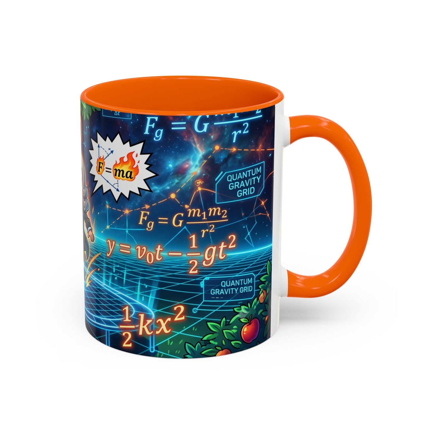 Isaac Newton Cartoon Coffee Mug — Physics Equations & Apple Science Design