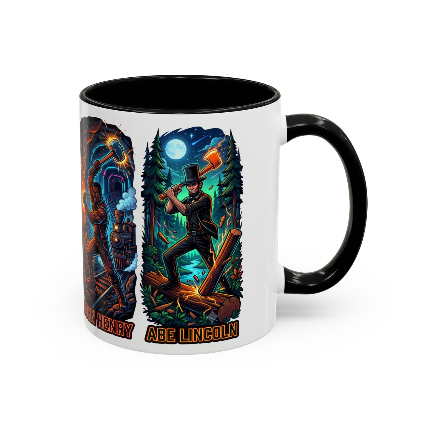 Lumberjack Legends Accent Coffee Mug — Illustrated Paul & Babe, John Henry, Abe Lincoln Designs (11/15oz)