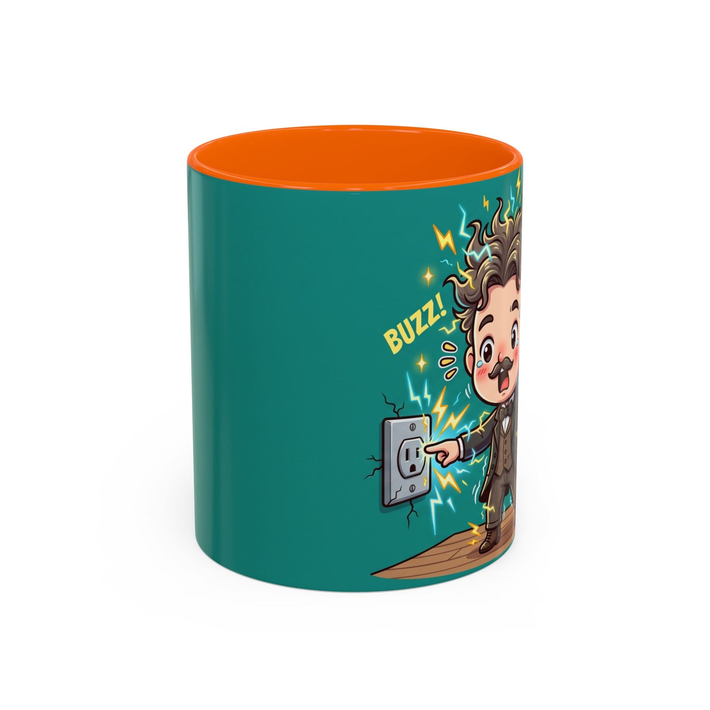 Nikola Tesla Cartoon 'Zap! Shock! Buzz!' Accent Coffee Mug (11/15oz)